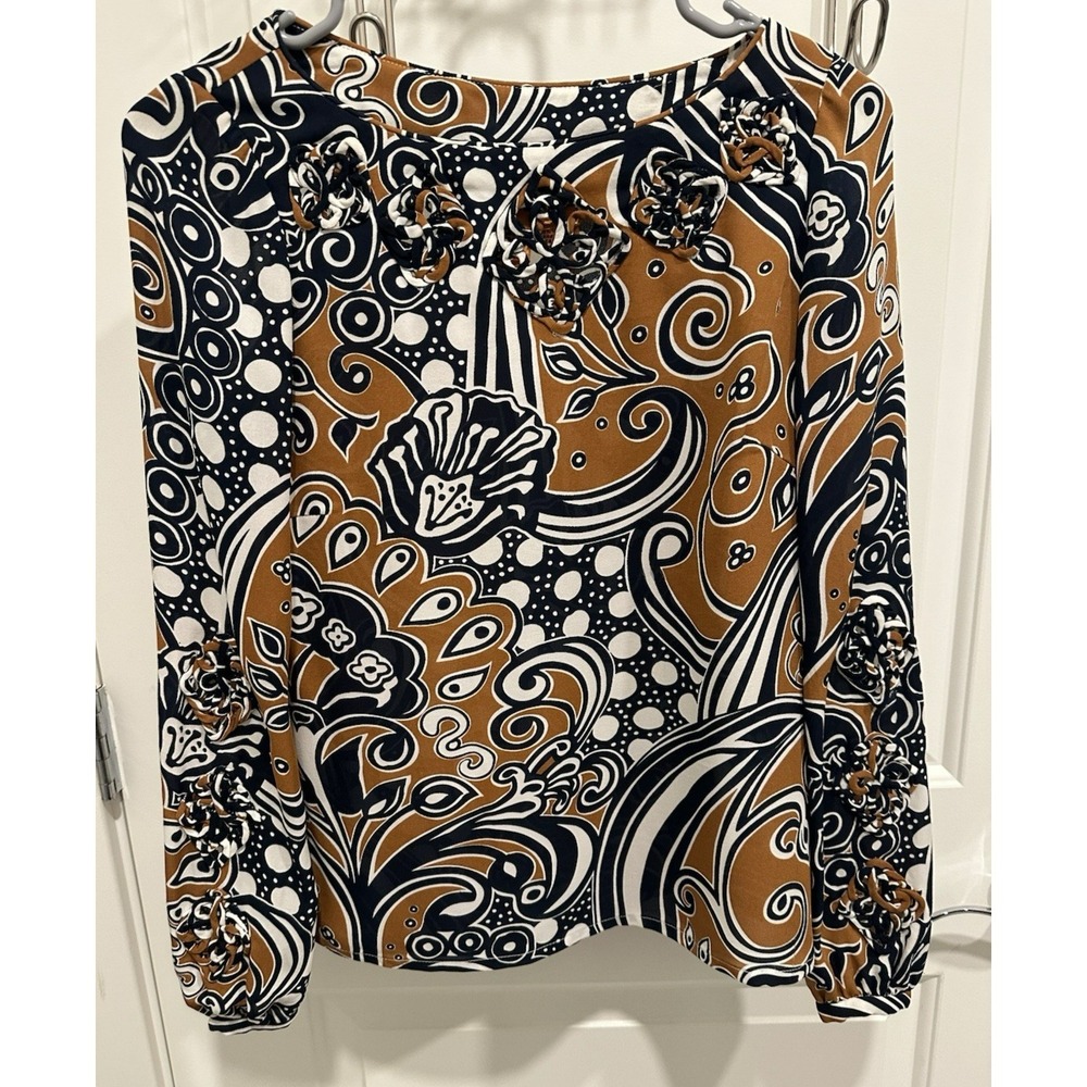 Tory Burch 100% Silk Blouse Sz 0 Funky Swirl print Blue/Brown Designer Dry Clean